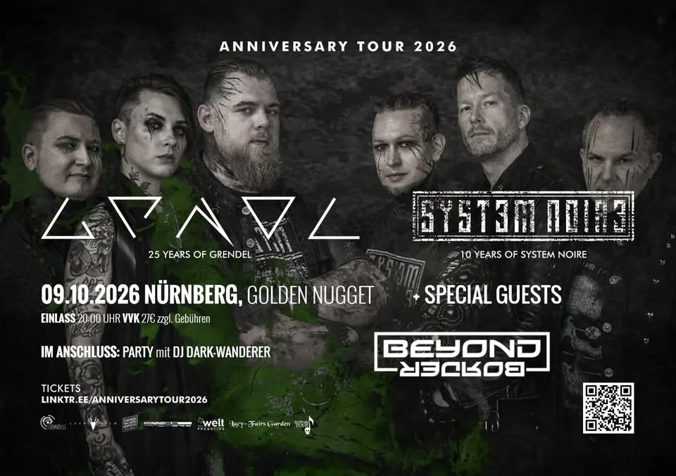 Veranstaltungsflyer: GRENDEL & SYSTEM NOIRE + BEYOND BORDER | Anniversary Tour 2026