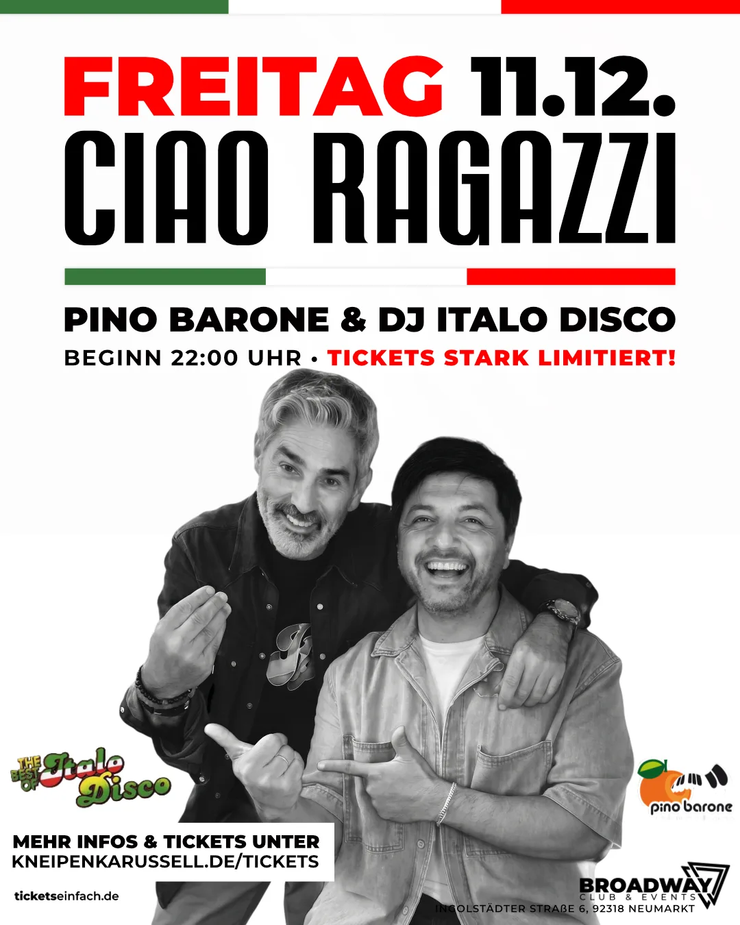 Plakat: Ciao Ragazzi – Italo-Nacht im Broadway